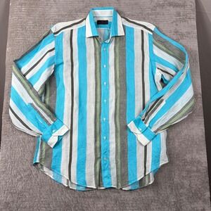 Etro Milano Mens 100% Linen Striped Button Down Shirt Blue White Grey Size 44